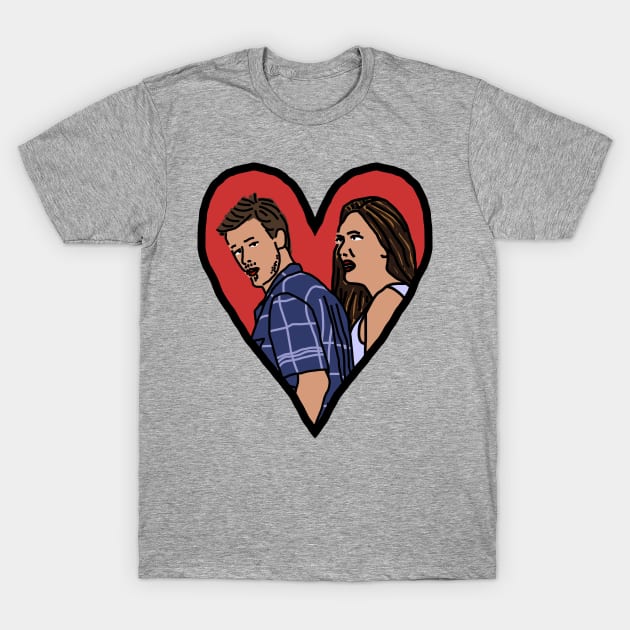 Couple in Valentine Heart Distracted Boyfriend Meme Valentines Day T-Shirt by ellenhenryart